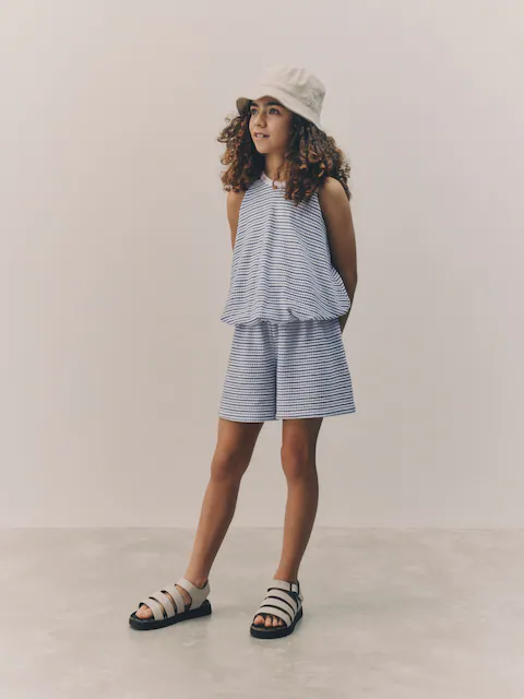 Blue Puffball Crochet 100% Cotton Top and Shorts Set
