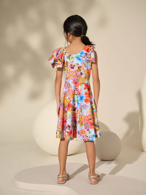 Blue Floral Print Shoulder Detail Summer Dress