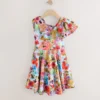 Blue Floral Print Shoulder Detail Summer Dress