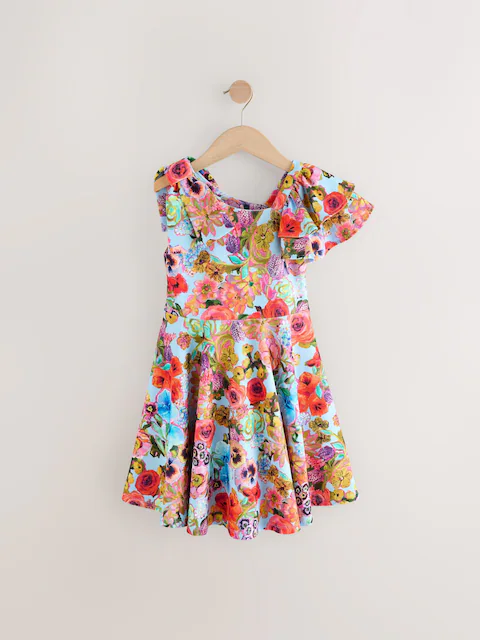 Blue Floral Print Shoulder Detail Summer Dress