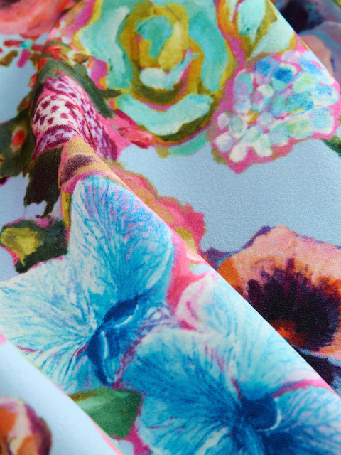 Blue Floral Print Shoulder Detail Summer Dress