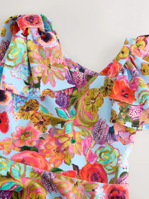 Blue Floral Print Shoulder Detail Summer Dress