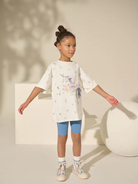 Blue/Ecru Floral Unicorn Oversized T-Shirt And Cycle Shorts Top & Shorts Set