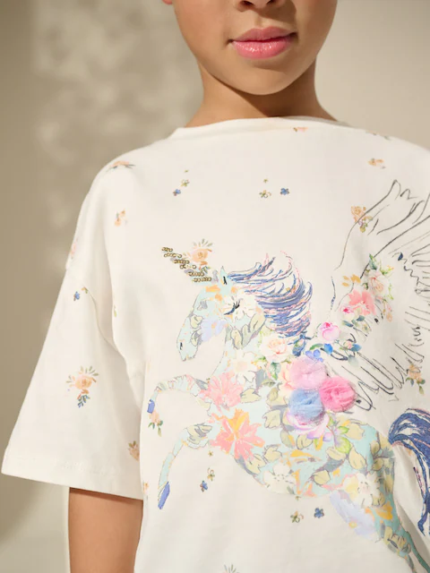 Blue/Ecru Floral Unicorn Oversized T-Shirt And Cycle Shorts Top & Shorts Set