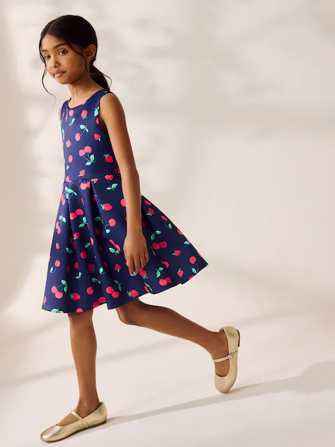 Navy Fruit Print Cut Out Detail Scuba Occasion Dress