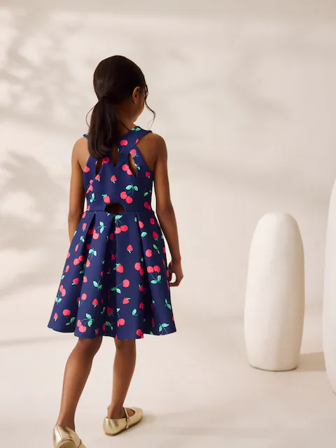 Navy Fruit Print Cut Out Detail Scuba Occasion Dress