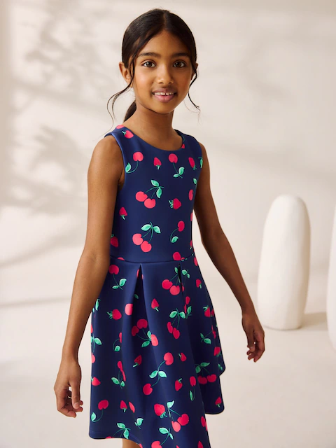 Navy Fruit Print Cut Out Detail Scuba Occasion Dress
