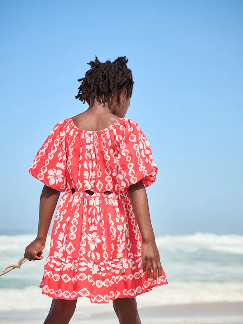 Red Printed 100% Cotton Cut-Out Dress
