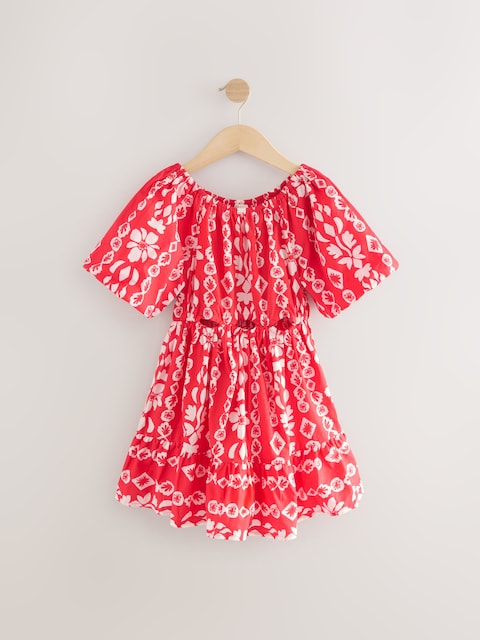 Red Printed 100% Cotton Cut-Out Dress