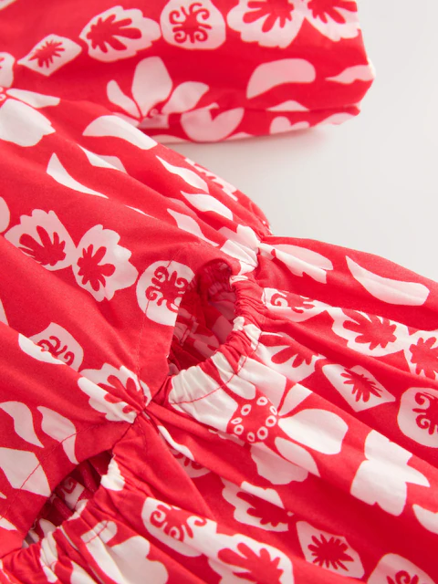 Red Printed 100% Cotton Cut-Out Dress