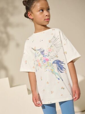 Blue/Ecru Floral Unicorn Oversized T-Shirt And Cycle Shorts Top & Shorts Set