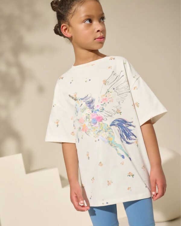 Blue/Ecru Floral Unicorn Oversized T-Shirt And Cycle Shorts Top & Shorts Set