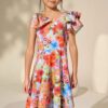 Blue Floral Print Shoulder Detail Summer Dress