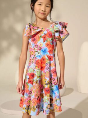 Blue Floral Print Shoulder Detail Summer Dress