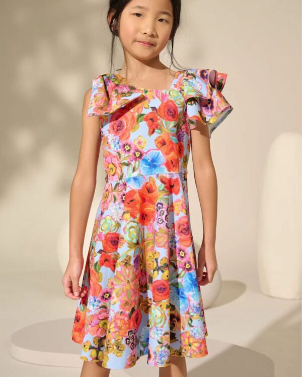 Blue Floral Print Shoulder Detail Summer Dress