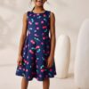 Navy Fruit Print Cut Out Detail Scuba Occasion Dress