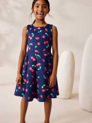 Navy Fruit Print Cut Out Detail Scuba Occasion Dress