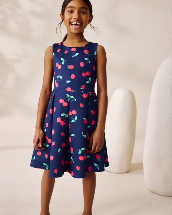 Navy Fruit Print Cut Out Detail Scuba Occasion Dress
