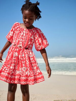 Red Printed 100% Cotton Cut-Out Dress
