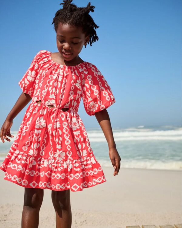 Red Printed 100% Cotton Cut-Out Dress