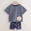 Navy Padded Flower Short Sleeve T-Shirt and Cycle Shorts Set