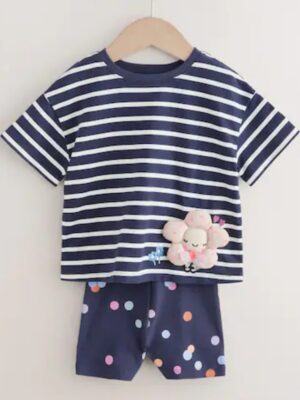 Navy Padded Flower Short Sleeve T-Shirt and Cycle Shorts Set
