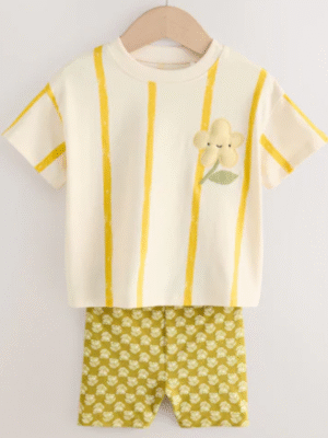 cream padded flower short t-shirt set