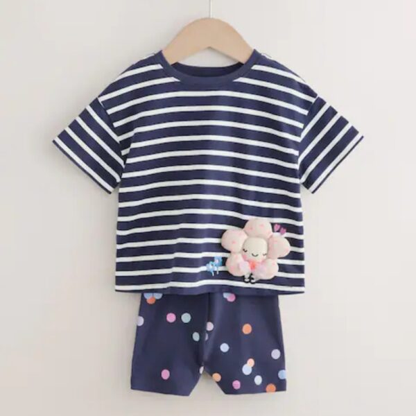 Navy Padded Flower Short Sleeve T-Shirt and Cycle Shorts Set