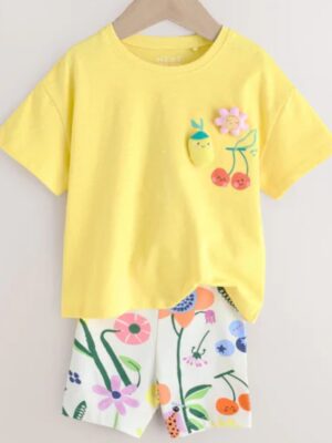 Yellow Padded Fruit Characters Short Sleeve T-Shirt and Cycle Shorts Set
