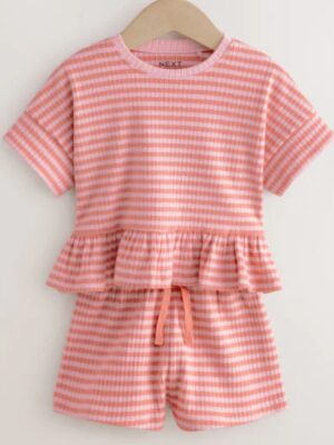 Pink Stripe Short Sleeve Ribbed Top and Shorts Set