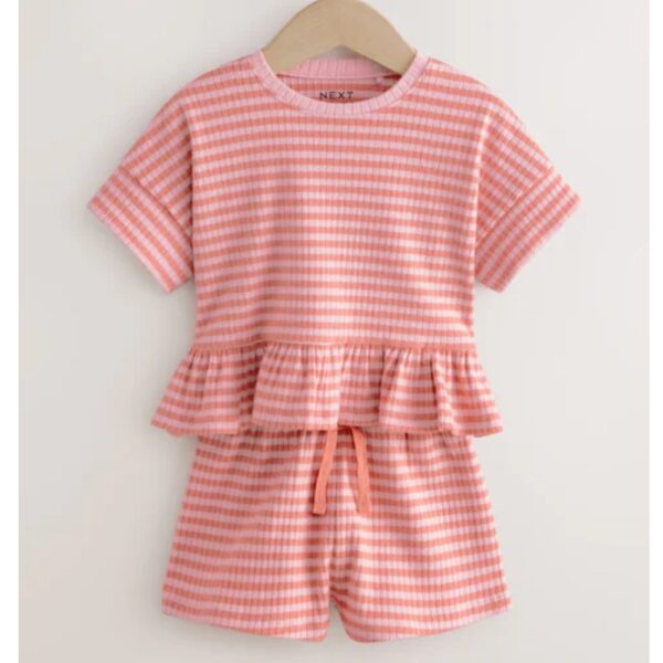 Pink Stripe Short Sleeve Ribbed Top and Shorts Set