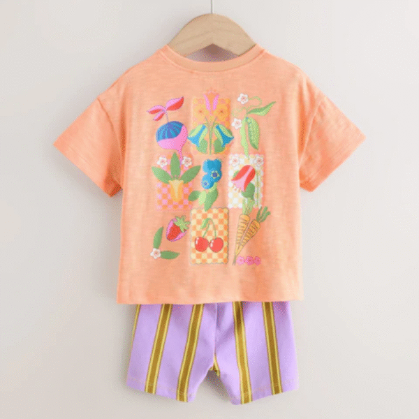 Coral Pink Cherry Short Sleeve T-Shirt and Cycle Shorts Set