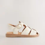 Neutral Embroidered Flower Leather Fisherman Sandals