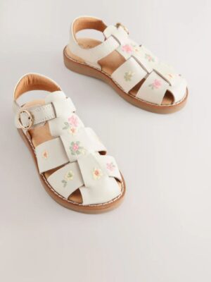 Neutral Embroidered Flower Leather Fisherman Sandals