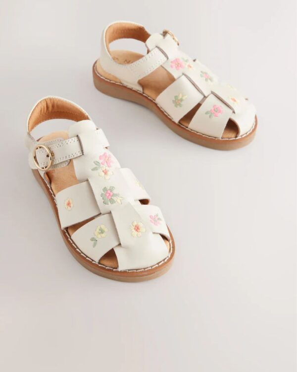Neutral Embroidered Flower Leather Fisherman Sandals