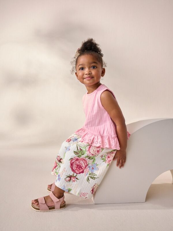 Pink Floral Frill Vest and Wide Leggings Set