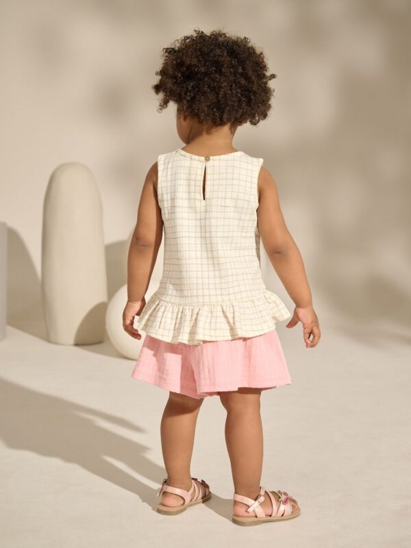 White/Pink Embroidered Flowers Peplum 100% Cotton Vest and Shorts set