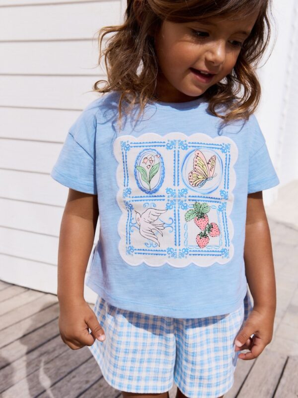 Blue Gingham Flowers Short Sleeve T-Shirt and Shorts Set