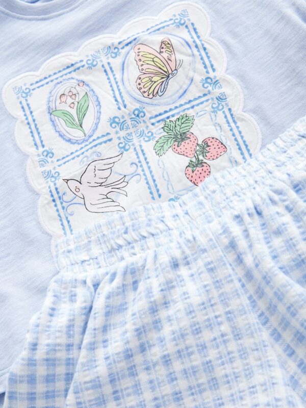 Blue Gingham Flowers Short Sleeve T-Shirt and Shorts Set