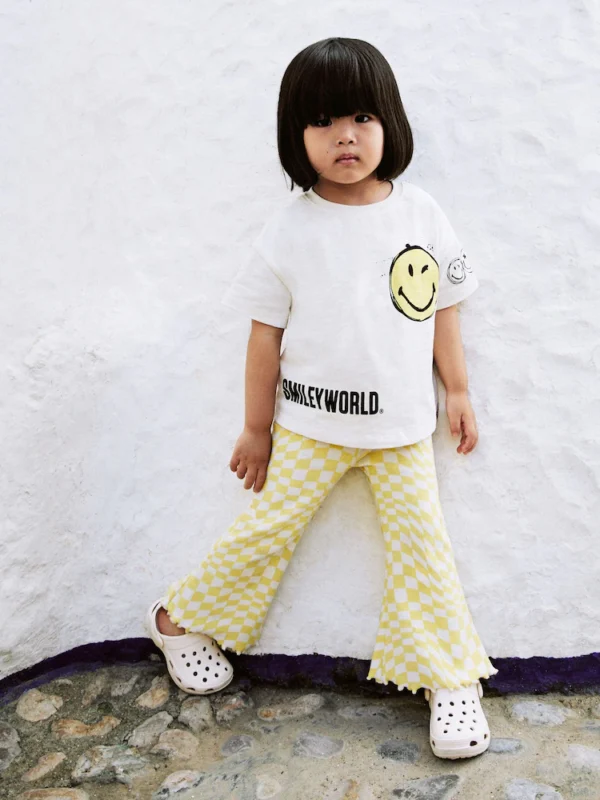 Ecru Yellow Smiley World Short Sleeve T-Shirt and Flare Set