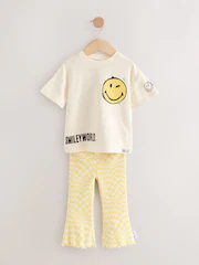 Ecru Yellow Smiley World Short Sleeve T-Shirt and Flare Set