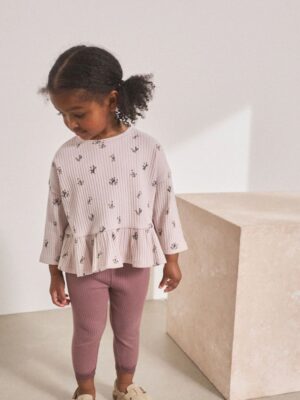 Mauve Purple Ditsy Floral Ribbed Long Sleeve Top and Leggings Set