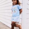 Blue Gingham Flowers Short Sleeve T-Shirt and Shorts Set