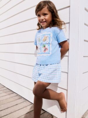 Blue Gingham Flowers Short Sleeve T-Shirt and Shorts Set