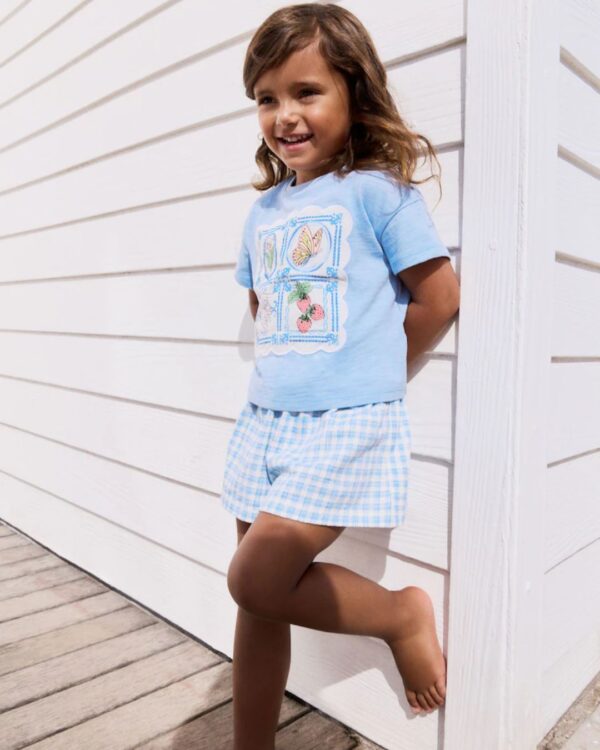 Blue Gingham Flowers Short Sleeve T-Shirt and Shorts Set