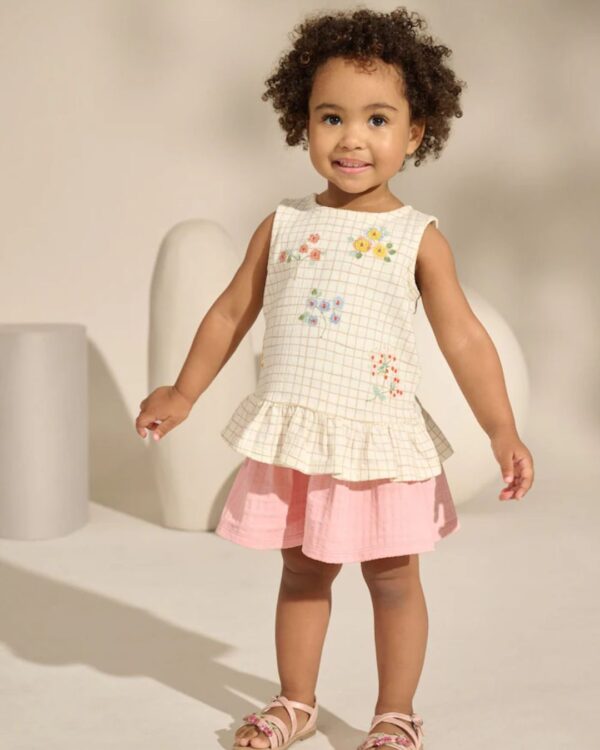 White/Pink Embroidered Flowers Peplum 100% Cotton Vest and Shorts set