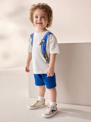 Cobalt Blue 100% Cotton Short Sleeve Back Print T-Shirt And Shorts Set