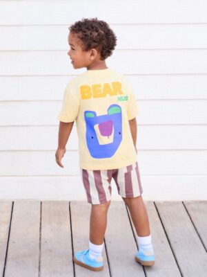 Light Yellow 100% Cotton Short Sleeve Back Print T-Shirt And Shorts Set