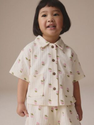 Pink/Cream Flower 100% Cotton Short Sleve Shirt and Shorts Set