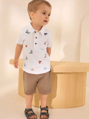 White All-Over-Embroidered Polo Shirt & Shorts Set